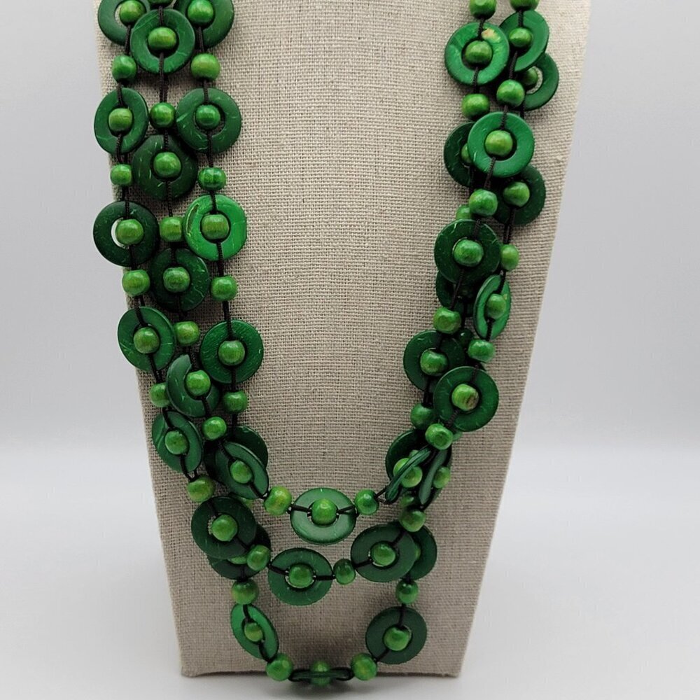 Vintage Green Wooden Geometric Link Cord Necklace 24 In Layered Toggle Boho